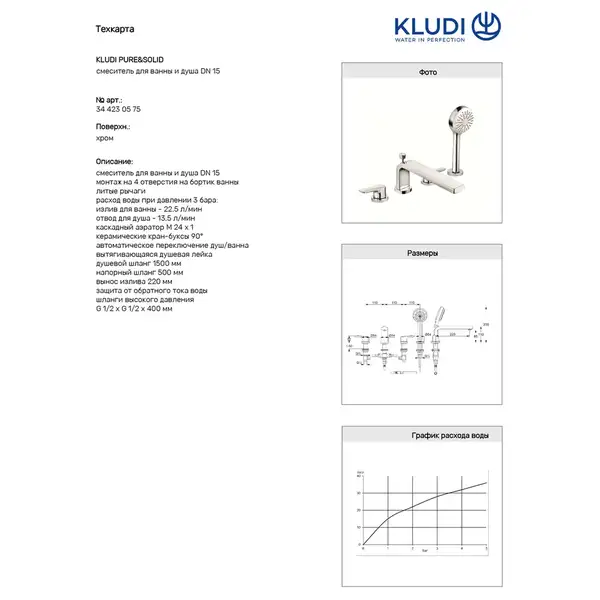 Змішувач для ванни та душу на 4 отвори Pure$solid хром 344230575 KLUDI НІМЕЧЧИНА Змішувач для ванни та душу на 4 отвори Pure$solid хром 344230575 KLUDI НІМЕЧЧИНА